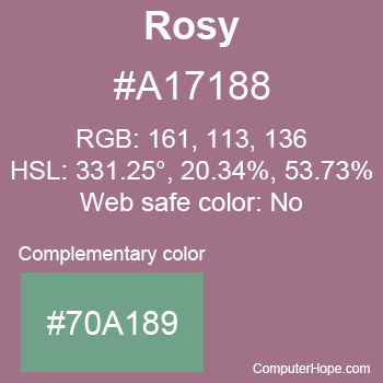 Example of Rosy color or HTML color code #A17188 with complementary color #70A189.