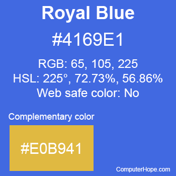 Example of RoyalBlue color or HTML color code #4169E1 with complementary color #E0B941.
