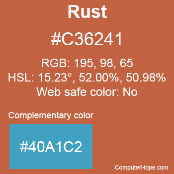 Example of Rust color or HTML color code #C36241 with complementary color #40A1C2.