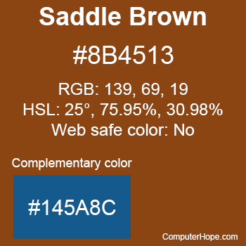 Example of SaddleBrown color or HTML color code #8B4513 with complementary color #145A8C.