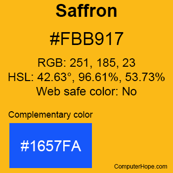 Example of Saffron color or HTML color code #FBB917 with complementary color #1657FA.