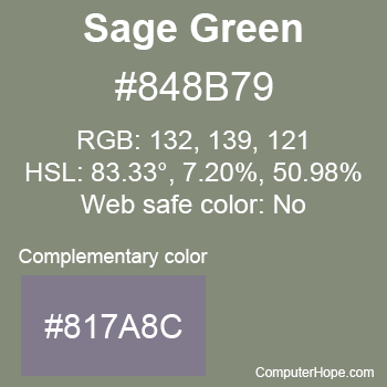 Example of Sage Green color or HTML color code #848B79 with complementary color #817A8C.