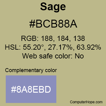 Example of Sage color or HTML color code #BCB88A with complementary color #8A8EBD.