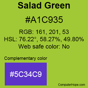 Example of Salad Green color or HTML color code #A1C935 with complementary color #5C34C9.