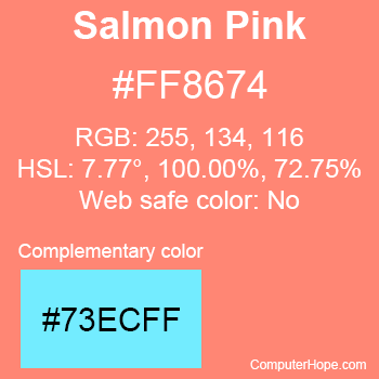 Example of Salmon Pink color or HTML color code #FF8674 with complementary color #73ECFF.