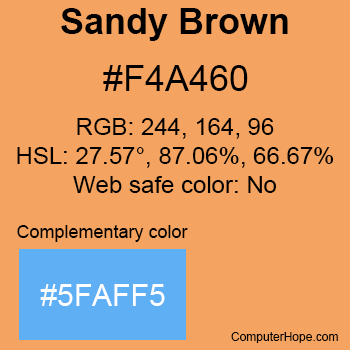 Example of SandyBrown color or HTML color code #F4A460 with complementary color #5FAFF5.
