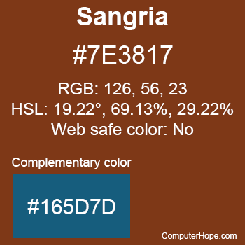 Example of Sangria color or HTML color code #7E3817 with complementary color #165D7D.