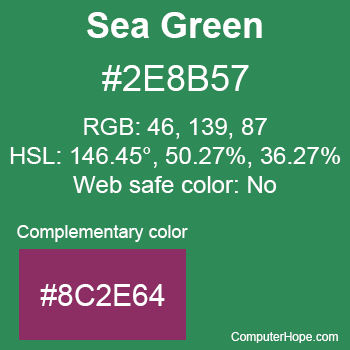Example of SeaGreen color or HTML color code #2E8B57 with complementary color #8C2E64.