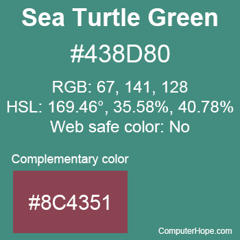 Example of Sea Turtle Green color or HTML color code #438D80 with complementary color #8C4351.