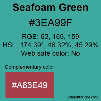 Example of Seafoam Green color or HTML color code #3EA99F with complementary color #A83E49.