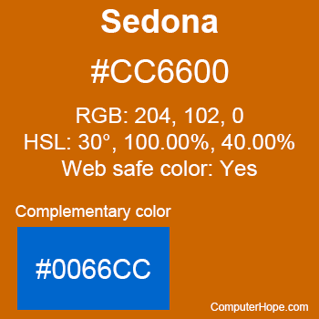 Example of Sedona color or HTML color code #CC6600 with complementary color #0066CC.