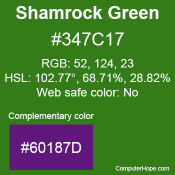 Example of Shamrock Green color or HTML color code #347C17 with complementary color #60187D.
