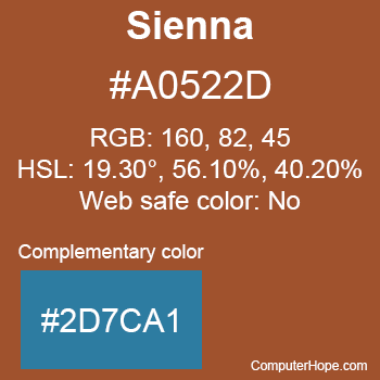 Example of Sienna color or HTML color code #A0522D with complementary color #2D7CA1.