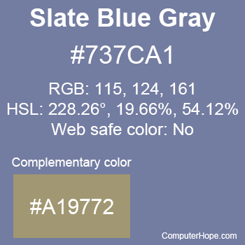 Example of Slate Blue Gray color or HTML color code #737CA1 with complementary color #A19772.