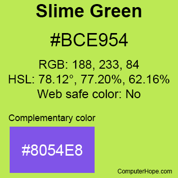 Example of Slime Green color or HTML color code #BCE954 with complementary color #8054E8.