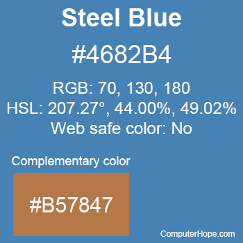 Example of SteelBlue color or HTML color code #4682B4 with complementary color #B57847.