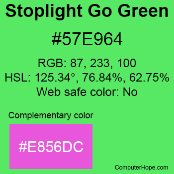 Example of Stoplight Go Green color or HTML color code #57E964 with complementary color #E856DC.