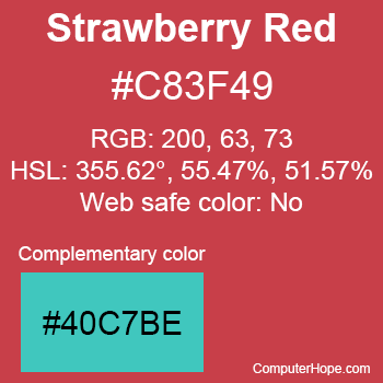 Example of Strawberry Red color or HTML color code #C83F49 with complementary color #40C7BE.