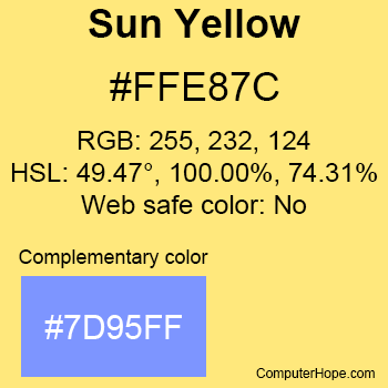 Example of Sun Yellow color or HTML color code #FFE87C with complementary color #7D95FF.