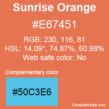 Example of Sunrise Orange color or HTML color code #E67451 with complementary color #50C3E6.