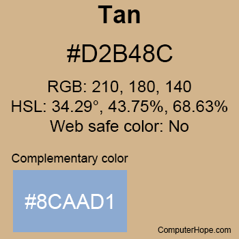 Example of Tan color or HTML color code #D2B48C with complementary color #8CAAD1.