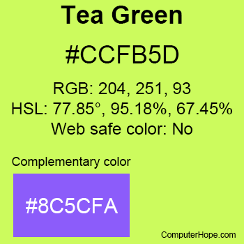 Example of Tea Green color or HTML color code #CCFB5D with complementary color #8C5CFA.