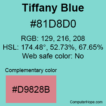 Example of Tiffany Blue color or HTML color code #81D8D0 with complementary color #D9828B.