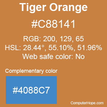 Example of Tiger Orange color or HTML color code #C88141 with complementary color #4088C7.