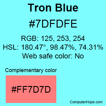 Example of Tron Blue color or HTML color code #7DFDFE with complementary color #FF7D7D.