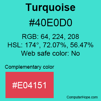 Example of Turquoise color or HTML color code #40E0D0 with complementary color #E04151.