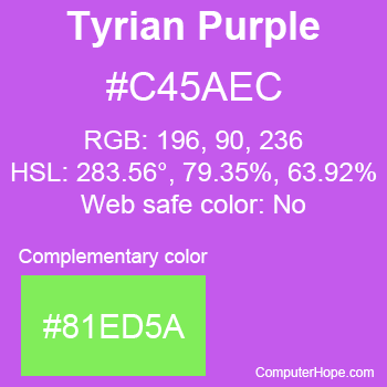 Example of Tyrian Purple color or HTML color code #C45AEC with complementary color #81ED5A.