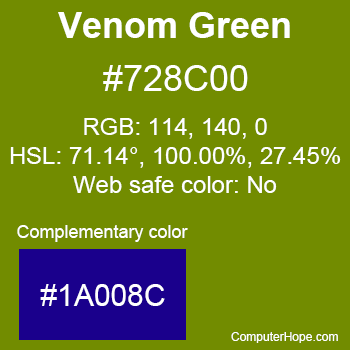 Example of Venom Green color or HTML color code #728C00 with complementary color #1A008C.