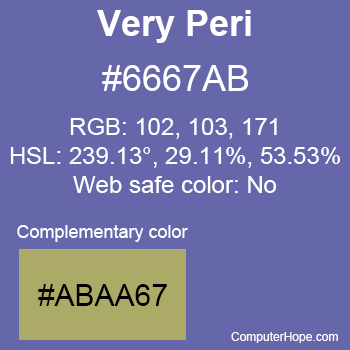 Example of Very Peri color or HTML color code #6667AB with complementary color #ABAA67.