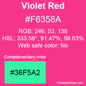 Example of Violet Red color or HTML color code #F6358A with complementary color #36F5A2.