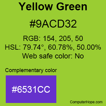 Example of YellowGreen color or HTML color code #9ACD32 with complementary color #6531CC.
