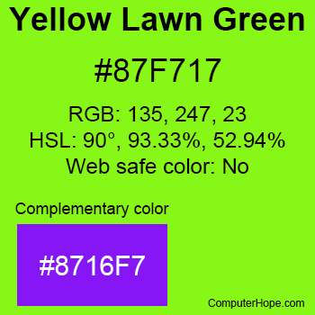 Example of Yellow Lawn Green color or HTML color code #87F717 with complementary color #8716F7.