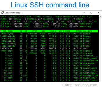 Linux command line screen, listing details about running processes on the server