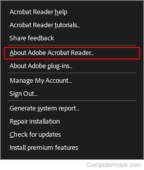 About Adobe Acrobat Reader selector.