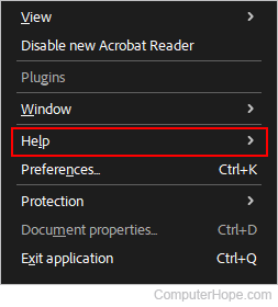Help selector on Adobe Acrobat Reader.