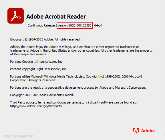 Adobe Acrobat Reader screen showing version information.