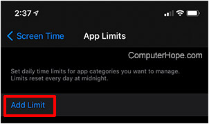 Einstellungsseite für App-Limits