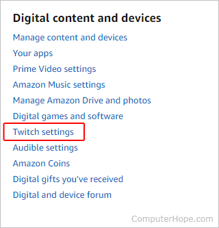 Twitch settings link on Amazon.