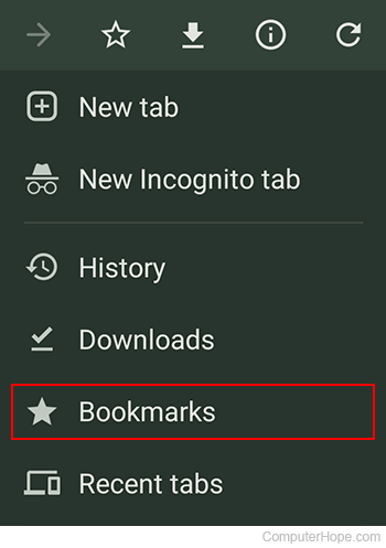 Bookmarks selector in Google Chrome for Android.