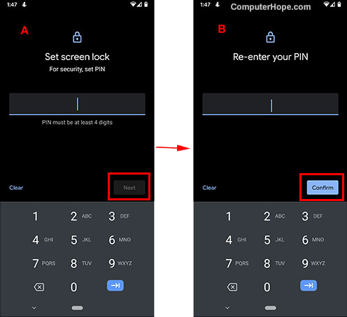 android setting up pin