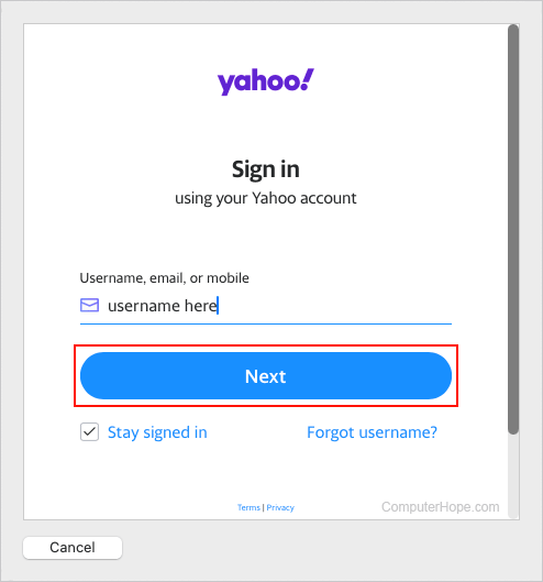 Entering Yahoo username into Apple Mail.