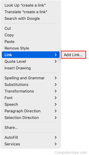 Adding a link to a message in Apple Mail.