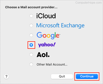 Choosing an e-mail service to add to Apple Mail.