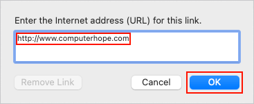 Entering the URL for a link in an Apple Mail message.