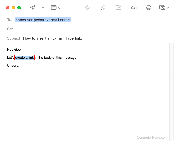 Highlighting text to create a link in Apple Mail.