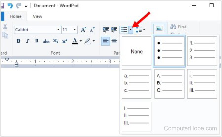 Create bullet list in WordPad